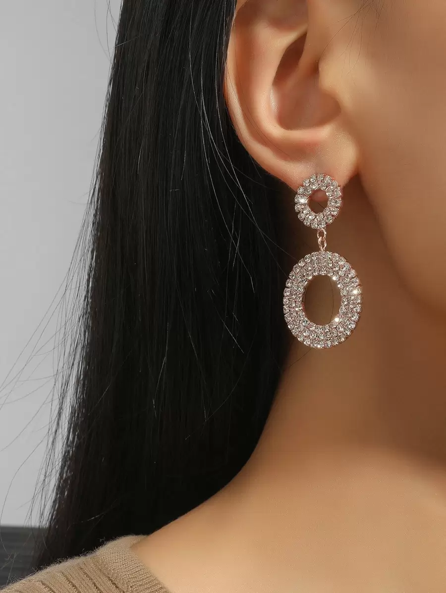 Rhinestone Round Drop Earrings - Rose Gold - View 1