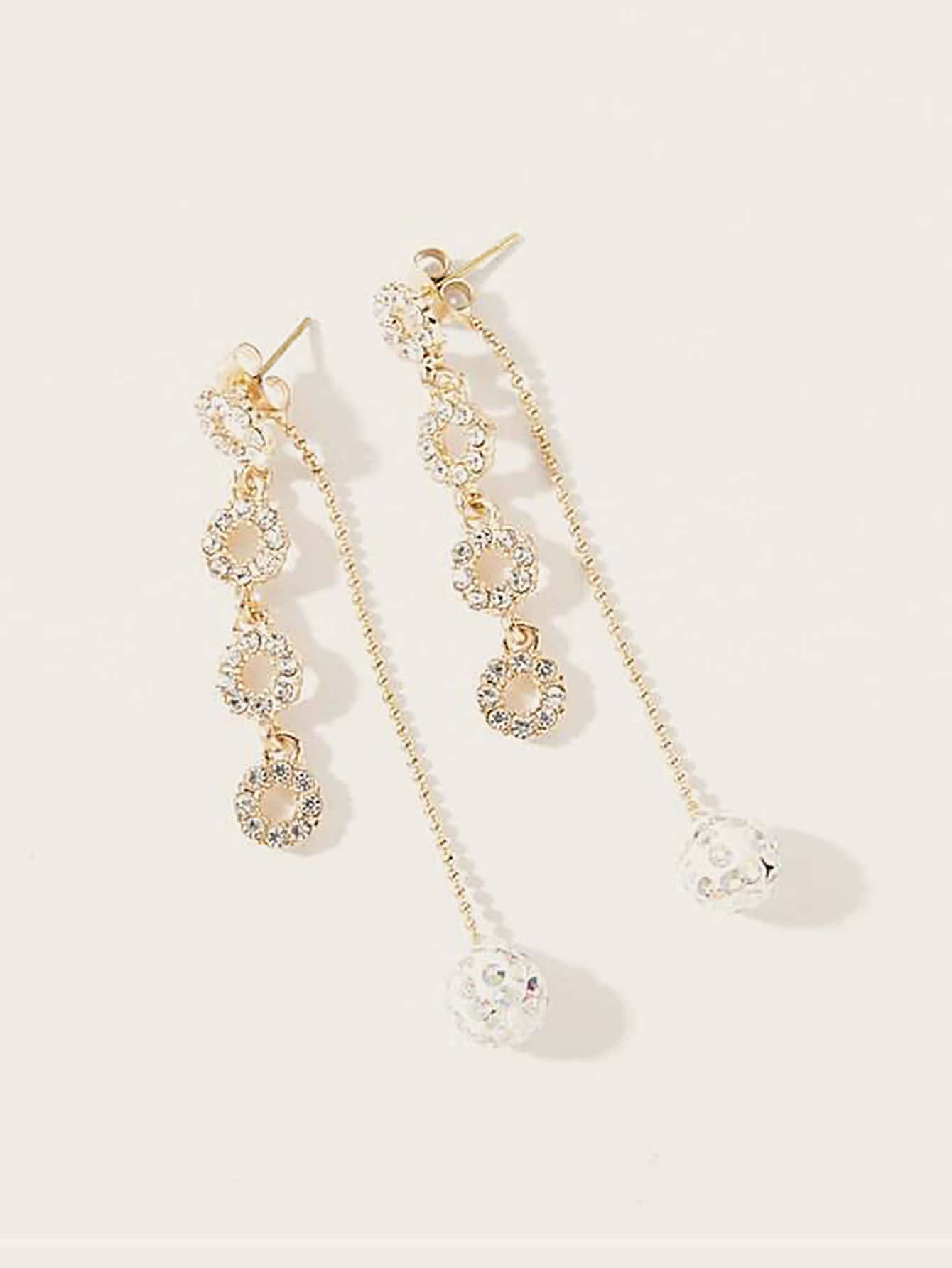 1pair Rhinestone Decor Ring Chain Drop Earrings - Yellow Gold - View 1