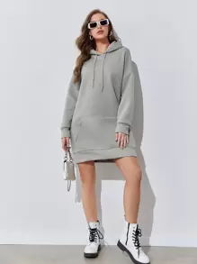 SHEIN EZwear Kangaroo Pocket Drop Shoulder Drawstring Hoodie Dress - Light Grey - View 1
