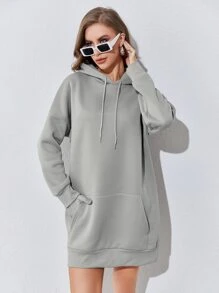 SHEIN EZwear Kangaroo Pocket Drop Shoulder Drawstring Hoodie Dress - Light Grey - View 3