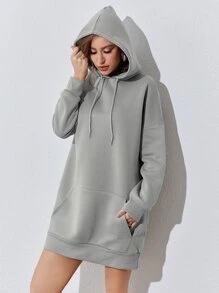 SHEIN EZwear Kangaroo Pocket Drop Shoulder Drawstring Hoodie Dress - Light Grey - View 4