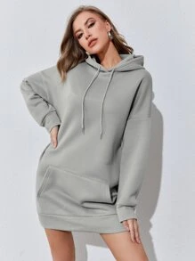 SHEIN EZwear Kangaroo Pocket Drop Shoulder Drawstring Hoodie Dress - Light Grey - View 5