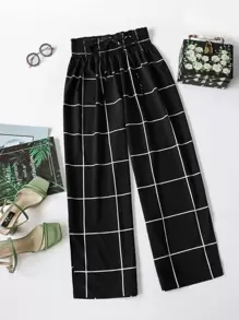 SHEIN LUNE Plus Grid Print Shirred Knot Front Trousers - Black - View 1