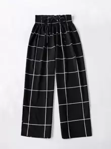 SHEIN LUNE Plus Grid Print Shirred Knot Front Trousers - Black - View 3