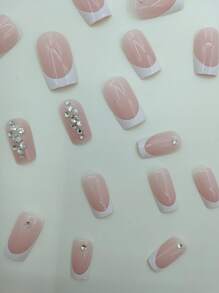 Upgrade Your Look With 24Pcs Long Square White French 3D Rhinestone Decor Fake Nail & 1Pc Nail File & 1Sheet Tape Press On Nails Nail Supplies Nails - Multicolor - View 3