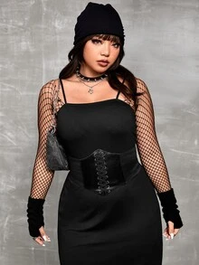 SHEIN ICON Plus Drawstring Side Ruched Cami Dress Without Corset & Fishnet Top - Black - View 3