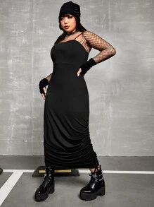 SHEIN ICON Plus Drawstring Side Ruched Cami Dress Without Corset & Fishnet Top - Black - View 4
