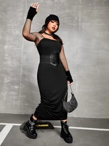 SHEIN ICON Plus Drawstring Side Ruched Cami Dress Without Corset & Fishnet Top - Black - View 5