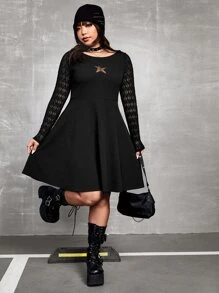SHEIN ICON Plus Star Pattern Contrast Lace Dress - Black - View 3