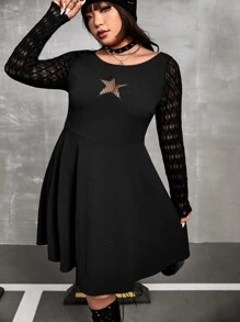 SHEIN ICON Plus Star Pattern Contrast Lace Dress - Black - View 5