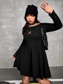 SHEIN ICON Plus Star Pattern Contrast Lace Dress - Black - View 6