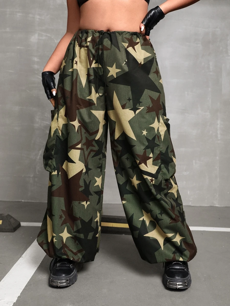 SHEIN ICON 大碼戶外運動風星星印花雙口袋降落傘運動褲 - 彩色 - 查看 1