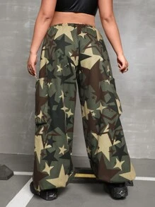 SHEIN ICON 大碼戶外運動風星星印花雙口袋降落傘運動褲 - 彩色 - 查看 2