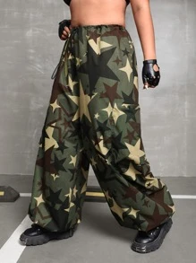 SHEIN ICON 大碼戶外運動風星星印花雙口袋降落傘運動褲 - 彩色 - 查看 4