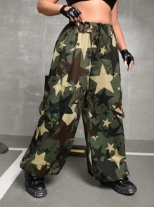 SHEIN ICON 大碼戶外運動風星星印花雙口袋降落傘運動褲 - 彩色 - 查看 5