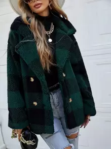 SHEIN LUNE Gingham Double Breasted Teddy Coat - Dark Green - View 1