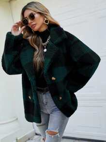 SHEIN LUNE Gingham Double Breasted Teddy Coat - Dark Green - View 3