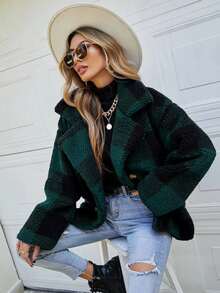 SHEIN LUNE Gingham Double Breasted Teddy Coat - Dark Green - View 4