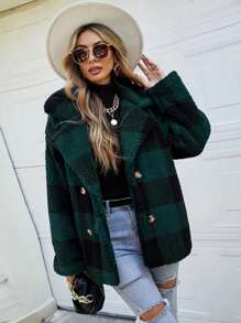 SHEIN LUNE Gingham Double Breasted Teddy Coat - Dark Green - View 5