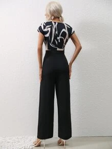 SHEIN Clasi Graphic Print Overlap Collar Jumpsuit - Black - View 2