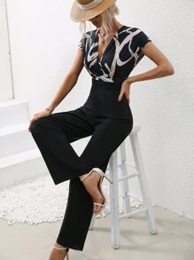 SHEIN Clasi Graphic Print Overlap Collar Jumpsuit - Black - View 4