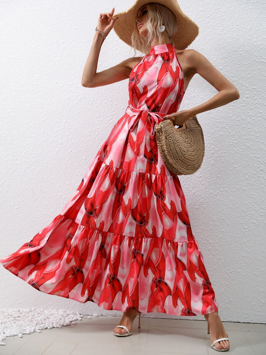 SHEIN VCAY Vestido halter con estampado bajo con fruncido con cinturón - Rojo - Ver 1