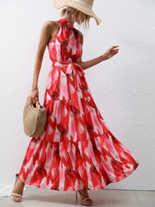 SHEIN VCAY Vestido halter con estampado bajo con fruncido con cinturón - Rojo - Ver 3