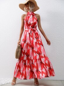 SHEIN VCAY Vestido halter con estampado bajo con fruncido con cinturón - Rojo - Ver 4