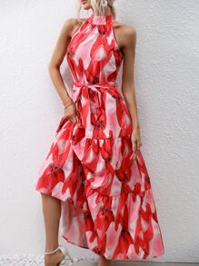 SHEIN VCAY Vestido halter con estampado bajo con fruncido con cinturón - Rojo - Ver 6