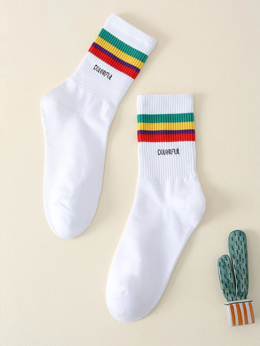 Men Rainbow Striped & Letter Graphic Crew Socks - White - View 1