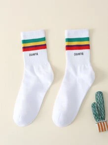 Men Rainbow Striped & Letter Graphic Crew Socks - White - View 2