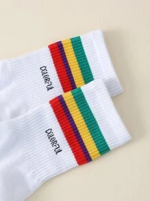 Men Rainbow Striped & Letter Graphic Crew Socks - White - View 3