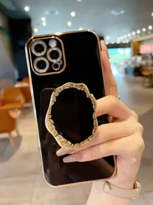 復古直筒邊電鍍金屬山茶花手機殼套帶底座 - 黑色 - 查看 1