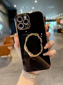 復古直筒邊電鍍金屬山茶花手機殼套帶底座 - 黑色 - 查看 3