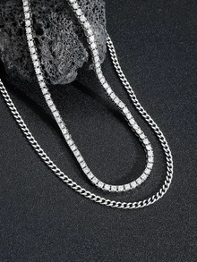 2入組方晶鋯石裝飾項鍊 - 銀色 - 查看 2