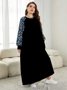 Lacomfia 大碼豹紋插肩袖T恤連衣裙 - 黑色 - 查看 3