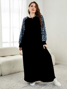 Lacomfia 大碼豹紋插肩袖T恤連衣裙 - 黑色 - 查看 4