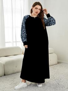 Lacomfia 大碼豹紋插肩袖T恤連衣裙 - 黑色 - 查看 6