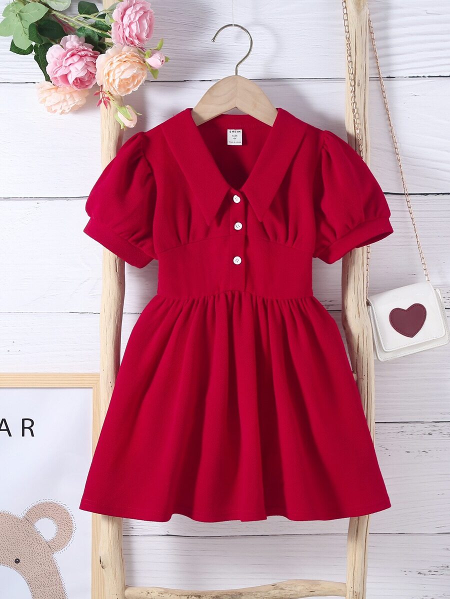 小女童泡泡袖半排扣襯衫連衣裙 - 紅色 - 查看 1