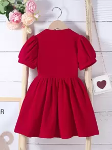 小女童泡泡袖半排扣襯衫連衣裙 - 紅色 - 查看 2