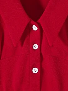 小女童泡泡袖半排扣襯衫連衣裙 - 紅色 - 查看 6