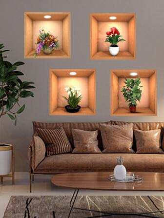4pcs Indoor Potted Plants Wall Stickers, Suitable For Living Room & Bedroom Decoration, Home Decor