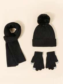 3 件套男女通用黑色纯色帽子 + 围巾 + 手套（冬季配饰）温暖 Y2k 风格，适合秋冬户外 - 黑色 - 查看 1