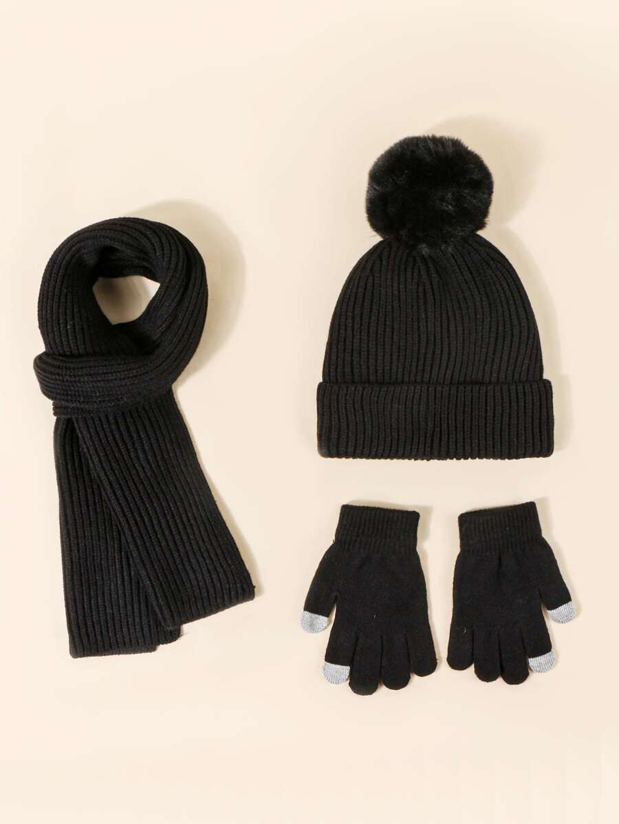 3 件套男女通用黑色纯色帽子 + 围巾 + 手套（冬季配饰）温暖 Y2k 风格，适合秋冬户外 - 黑色 - 查看 1