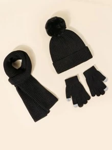 3 件套男女通用黑色纯色帽子 + 围巾 + 手套（冬季配饰）温暖 Y2k 风格，适合秋冬户外 - 黑色 - 查看 3