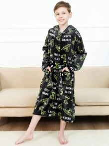 男孩外星人和字母圖案連帽腰帶法蘭絨休閒服睡袍 - 黑色 - 查看 4