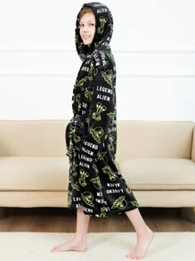 男孩外星人和字母圖案連帽腰帶法蘭絨休閒服睡袍 - 黑色 - 查看 3