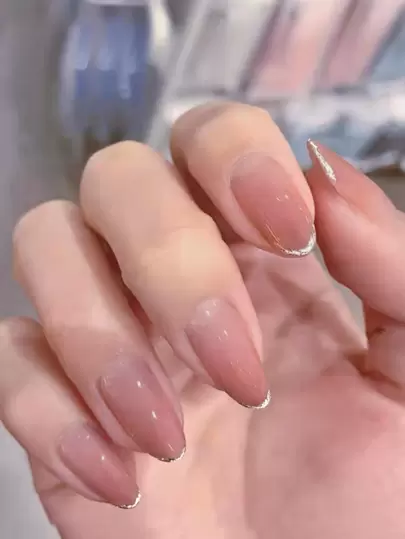 24 片长椭圆形斋月渐变法式指甲贴片，含 1 片果冻贴片和 1 条锉刀，按压式指甲，美甲用品，美甲