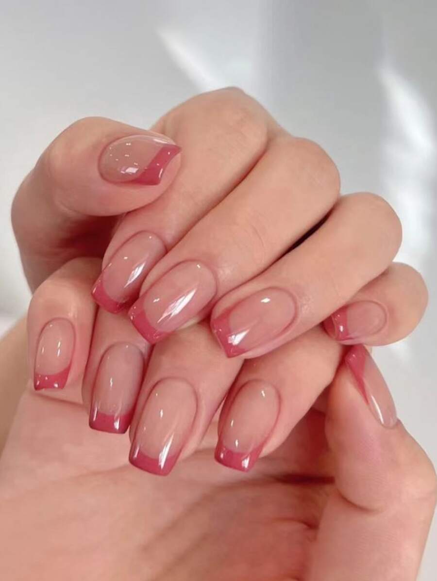 Eleve su estilo con 24 uñas postizas francesas rojas cuadradas cortas para mujeres y niñas - Multicolor - Ver 1