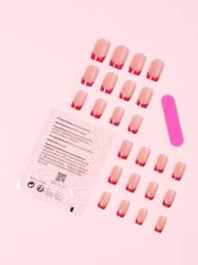 Eleve su estilo con 24 uñas postizas francesas rojas cuadradas cortas para mujeres y niñas - Multicolor - Ver 2
